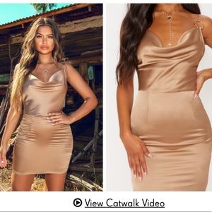 Satin Cowl Neck Ring Detail Bodycon Dress